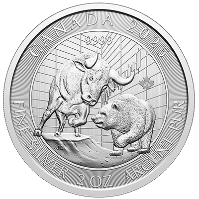 A picture of a 2 oz Bull and Bear Silver Coin (2025)